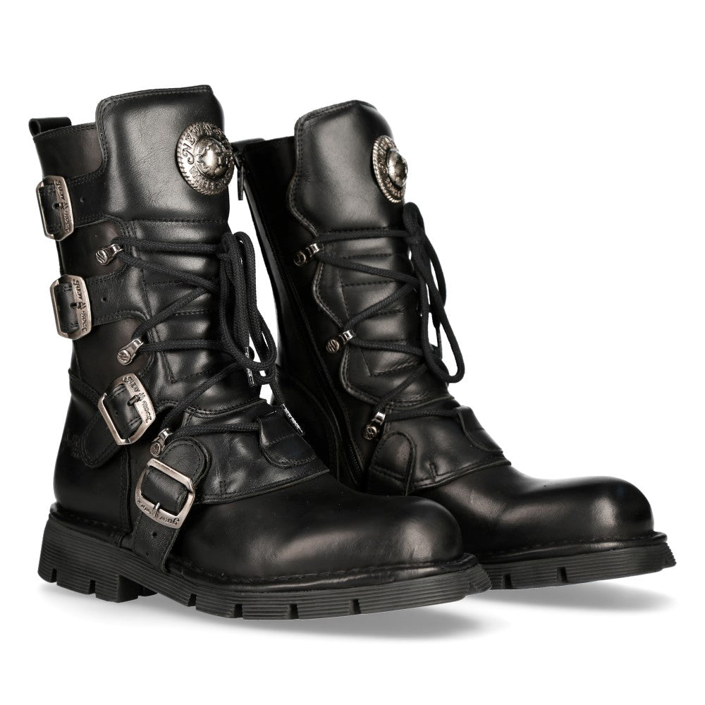 Par de botas militares negras New Rock M-1473-S1 con cuatro hebillas y medallón