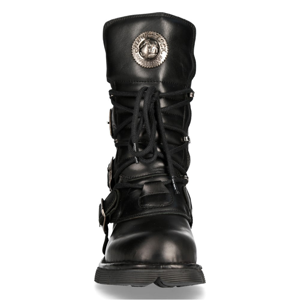 Vista frontal de la bota negra New Rock M-1473-S1 con medallón en la parte alta de la caña