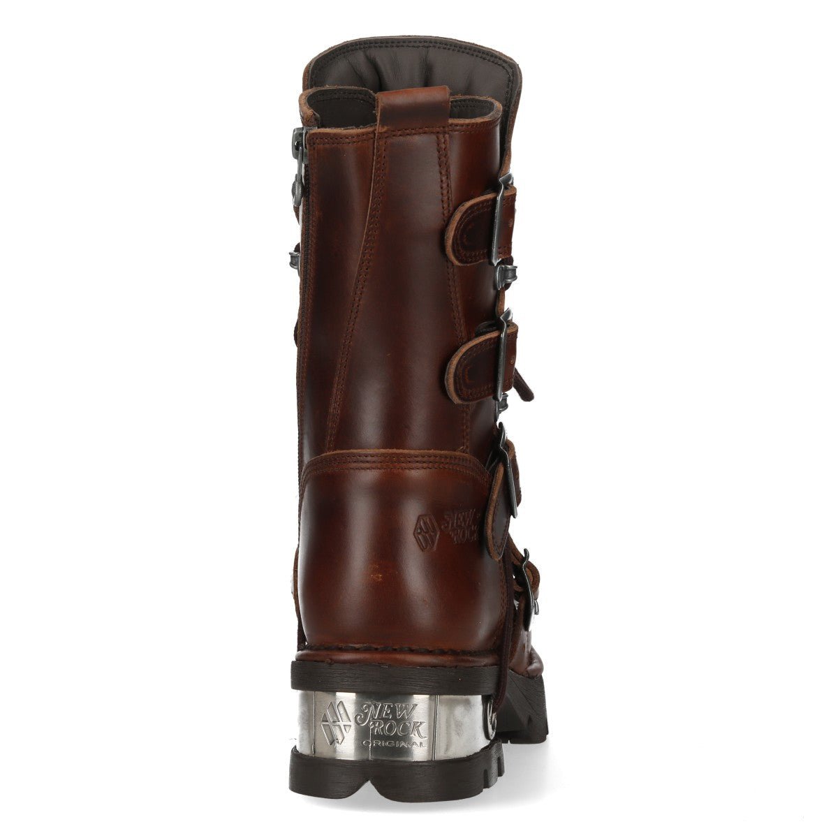 Talon de la botte New Rock marron avec la plaque métallique arrière de la plateforme