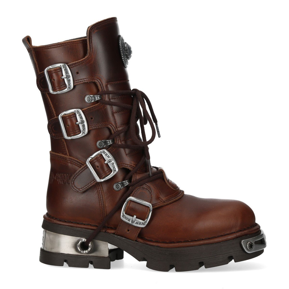 Botte New Rock marron vue de côté avec les quatre boucles argentées et le bout métallique