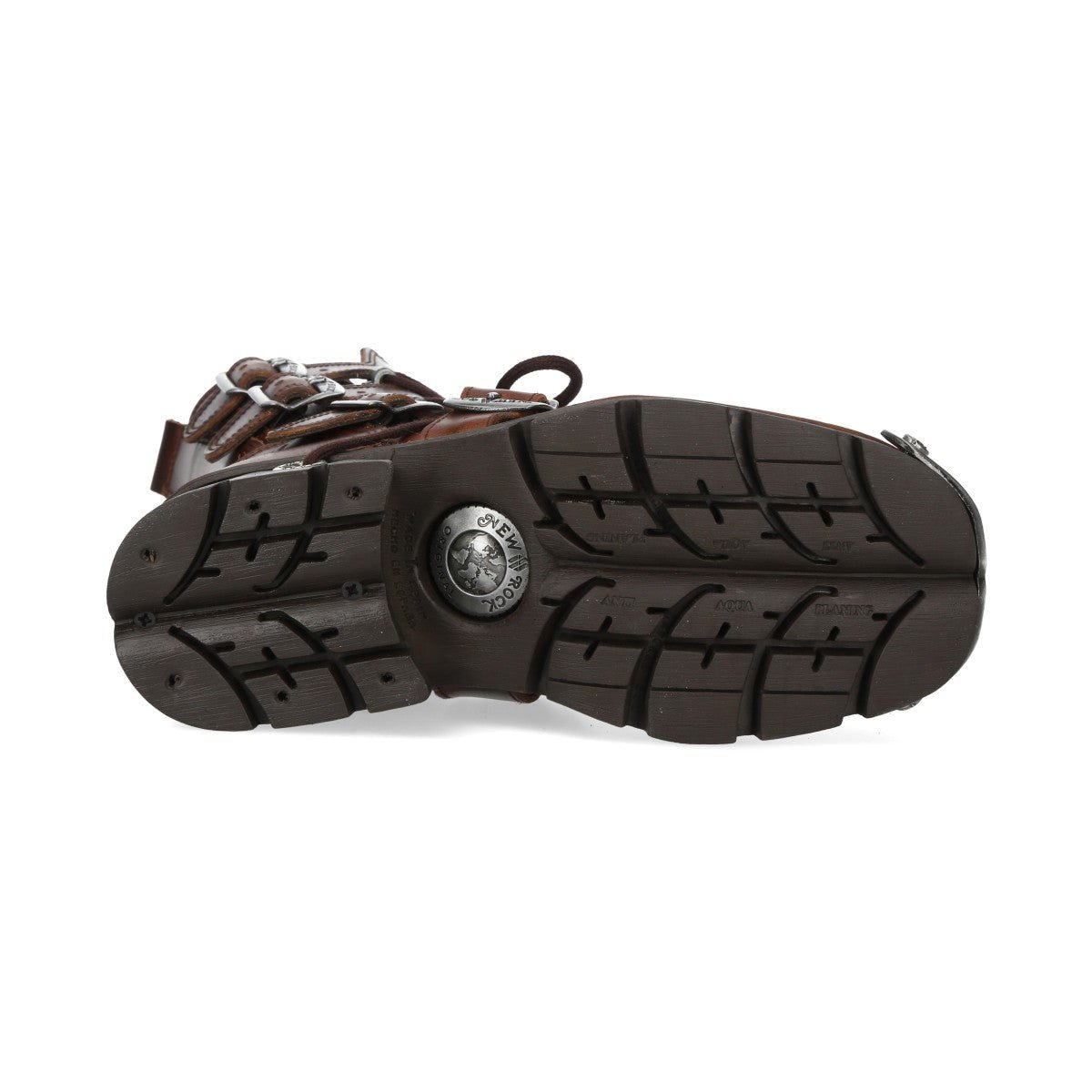 Semelle en caoutchouc de la botte New Rock marron avec crampons marqués et logo central
