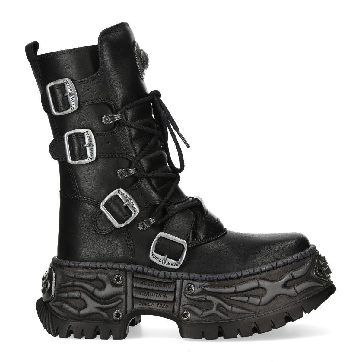 Botte New Rock noire vue de côté avec boucles argentées et plateforme Wall à flammes