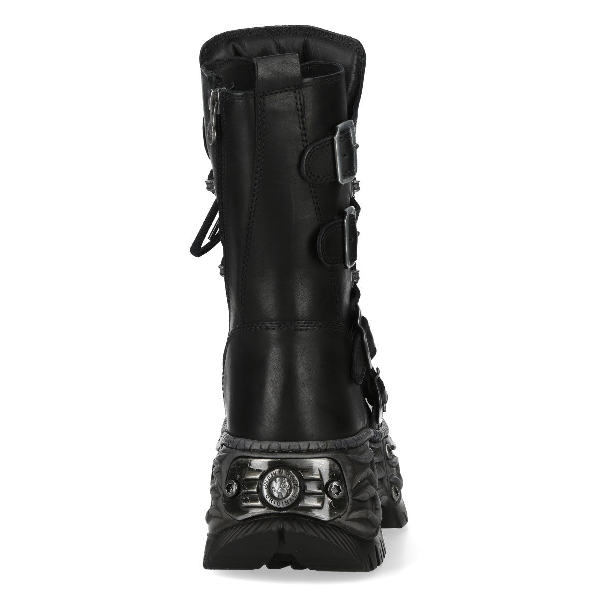 Talon de la botte New Rock noire avec boucles et plateforme gris métallisé