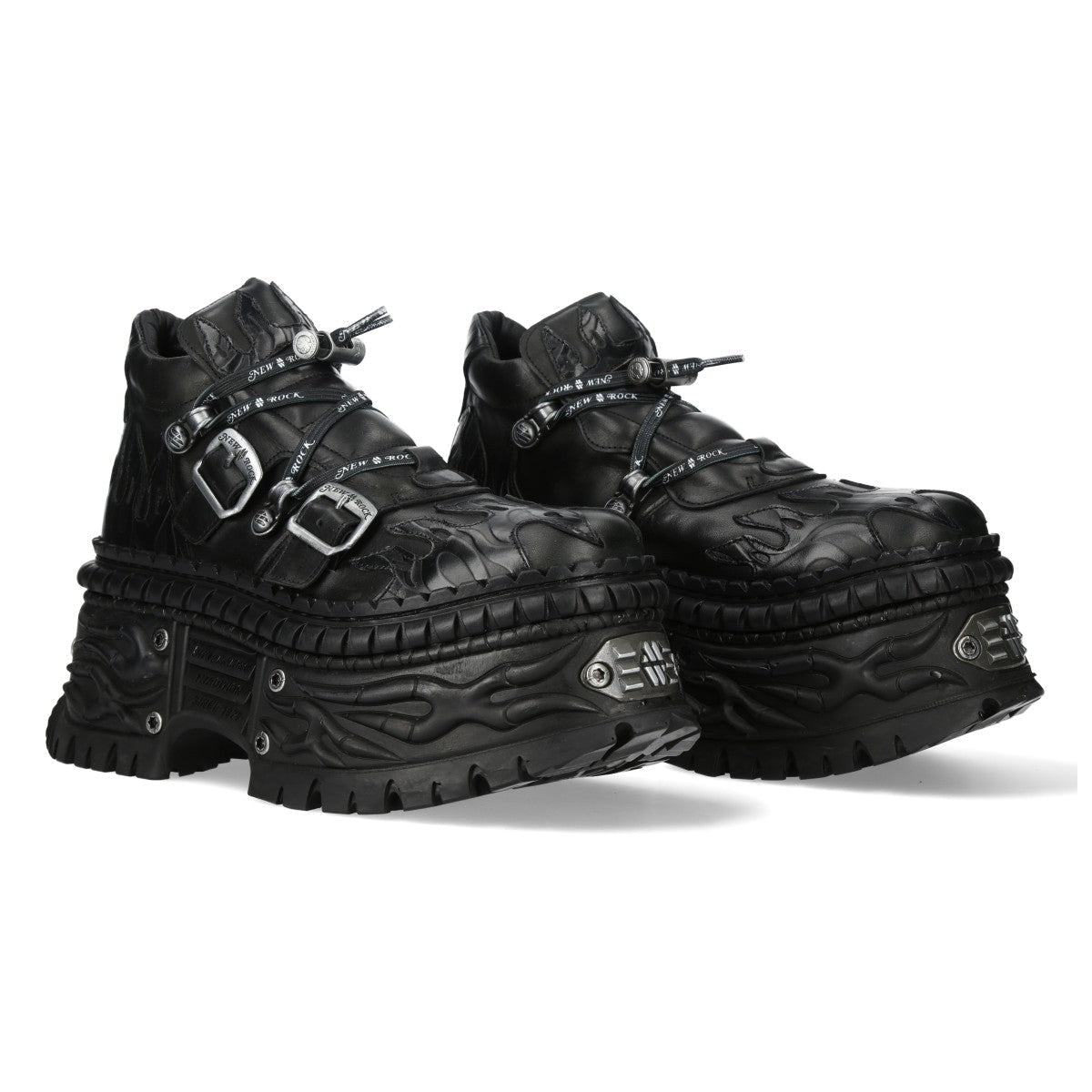 Paire de bottines New Rock noires à flammes en relief et plateforme Wall