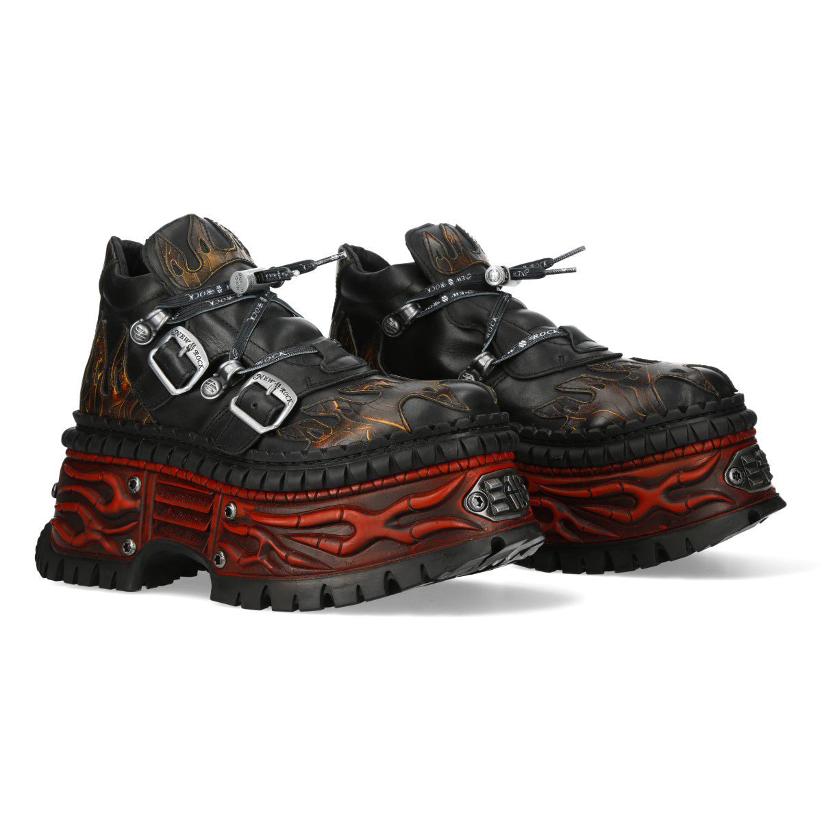 Paire de bottines New Rock noires à flammes cuivrées et plateforme rouge Wall