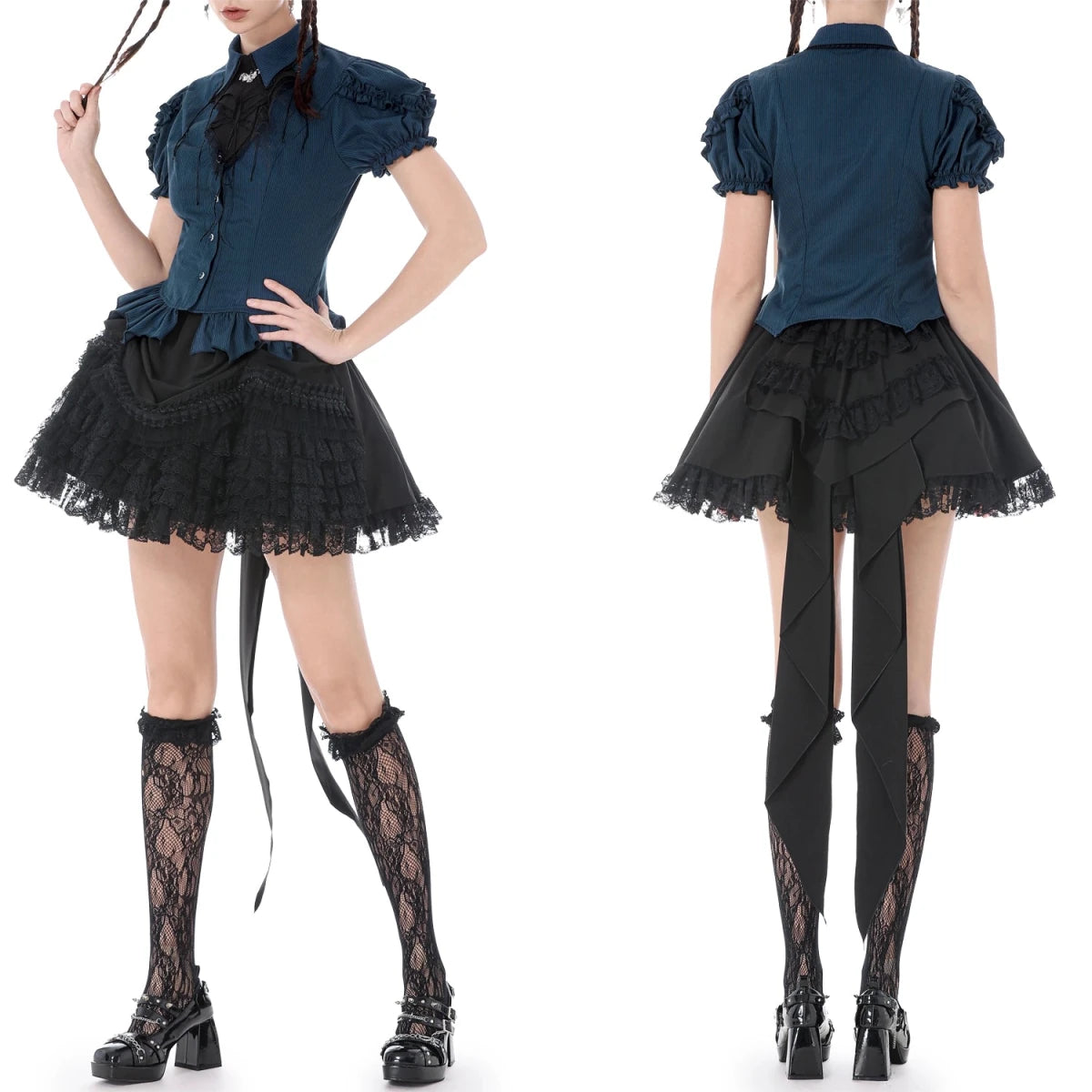 Camisa Azul con Jabot de Murciélago y Volantes - Crazyinlove