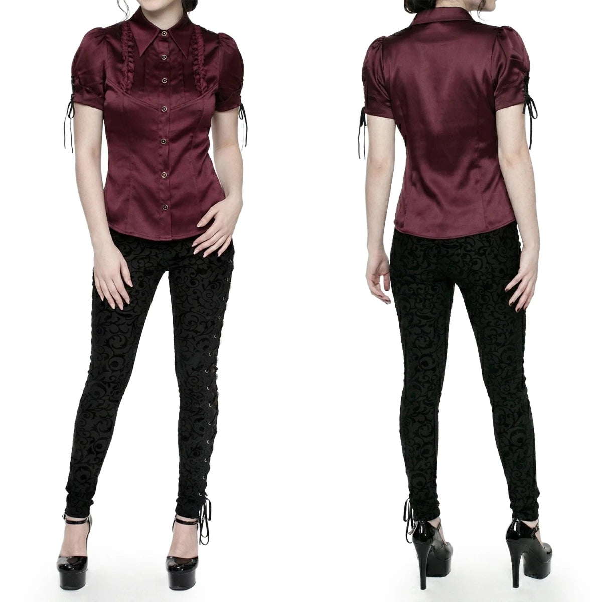 Camisa Burdeos de Satén con Volantes y Lazadas - Crazyinlove