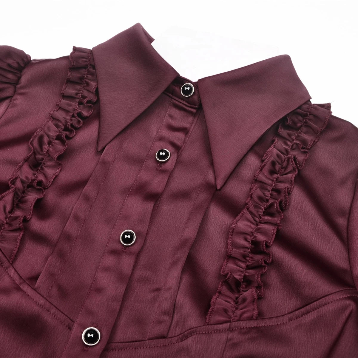 Camisa Burdeos de Satén con Volantes y Lazadas - Crazyinlove