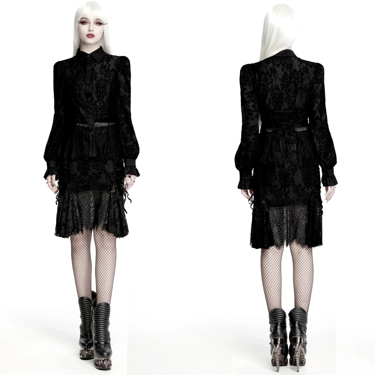 Camisa de Encaje Negro con Cuello Clásico y Puños de Volante - Crazyinlove