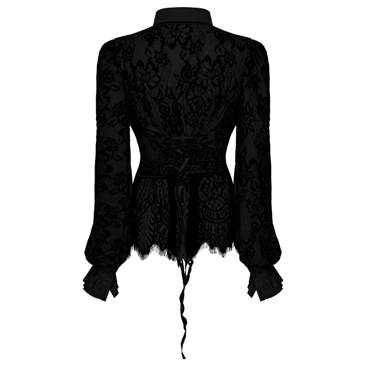 Camisa de Encaje Negro con Cuello Clásico y Puños de Volante - Crazyinlove