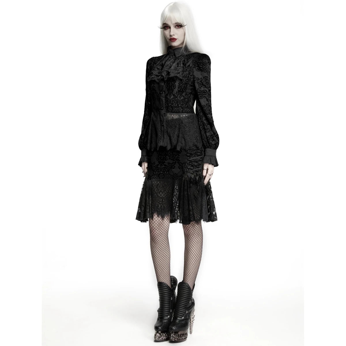 Camisa de Encaje Negro con Cuello Clásico y Puños de Volante - Crazyinlove