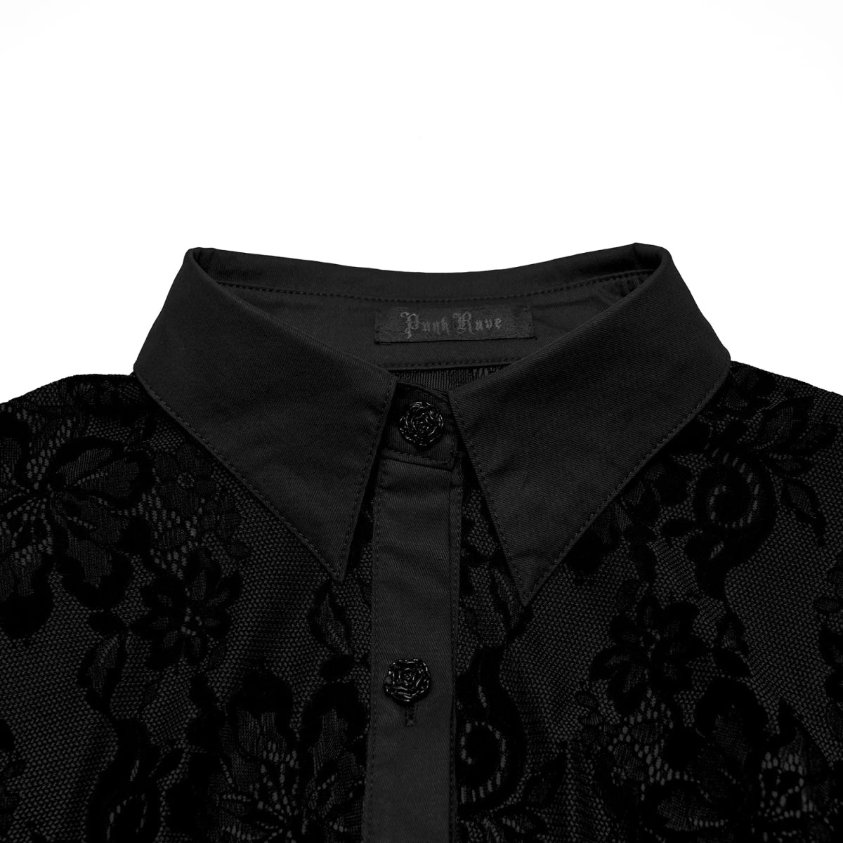 Camisa de Encaje Negro con Cuello Clásico y Puños de Volante - Crazyinlove