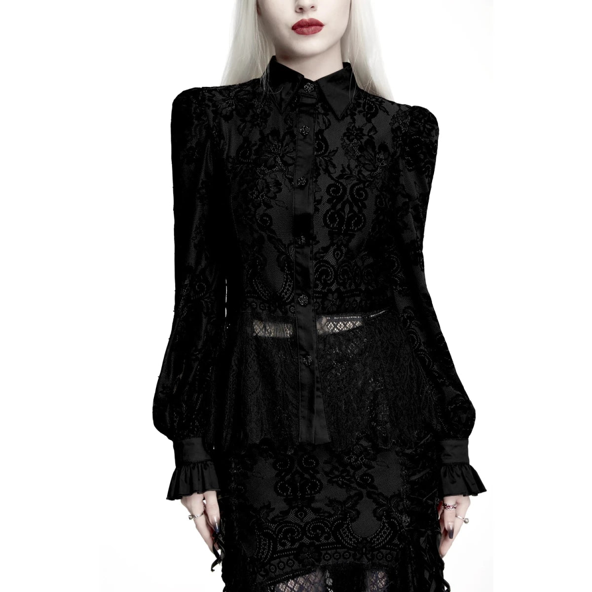 Camisa de Encaje Negro con Cuello Clásico y Puños de Volante - Crazyinlove
