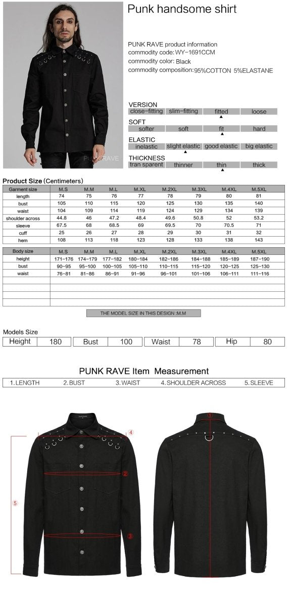 Ficha técnica y tabla de medidas de la camisa punk negra de hombre WY-1691