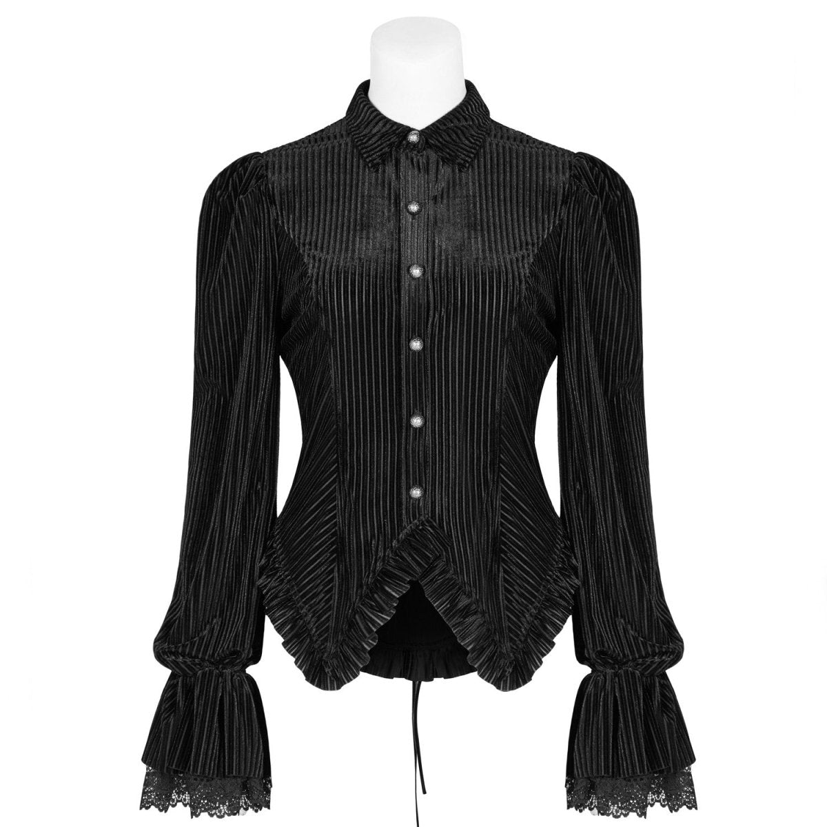 Camicia vittoriana in velluto nero a righe su manichino, davanti con bottoni e polsini in pizzo