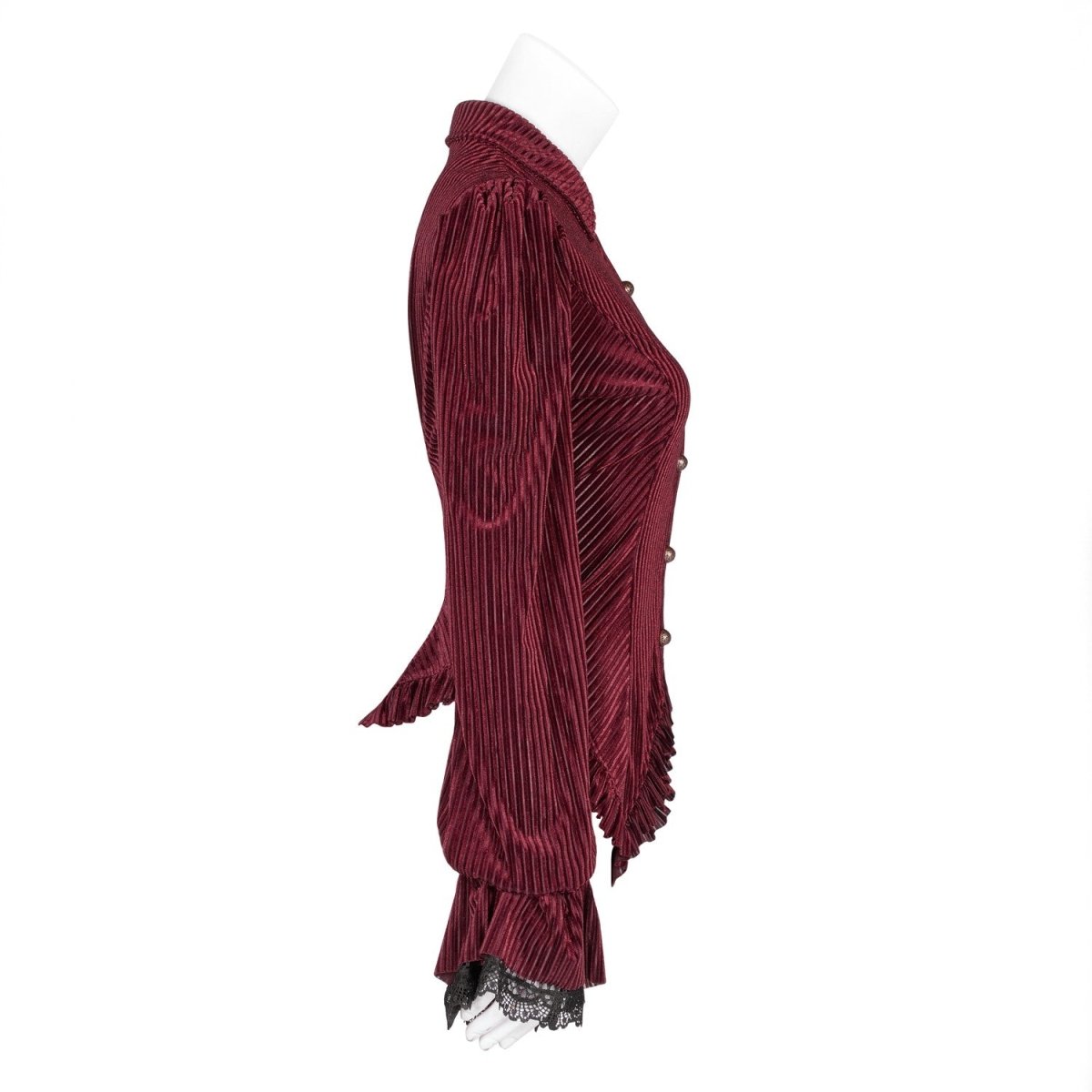 Vue de profil de la chemise en velours rouge avec épaule bouffante et manche cloche