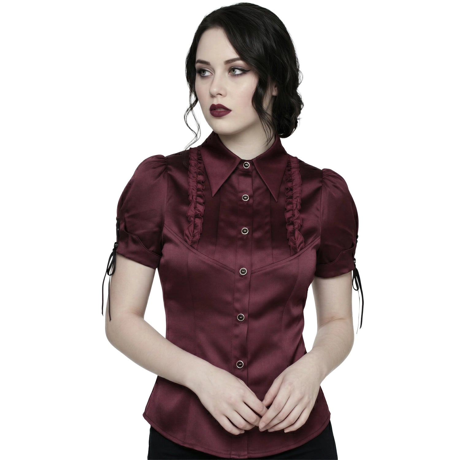 Camisa Burdeos de Satén con Volantes y Lazadas