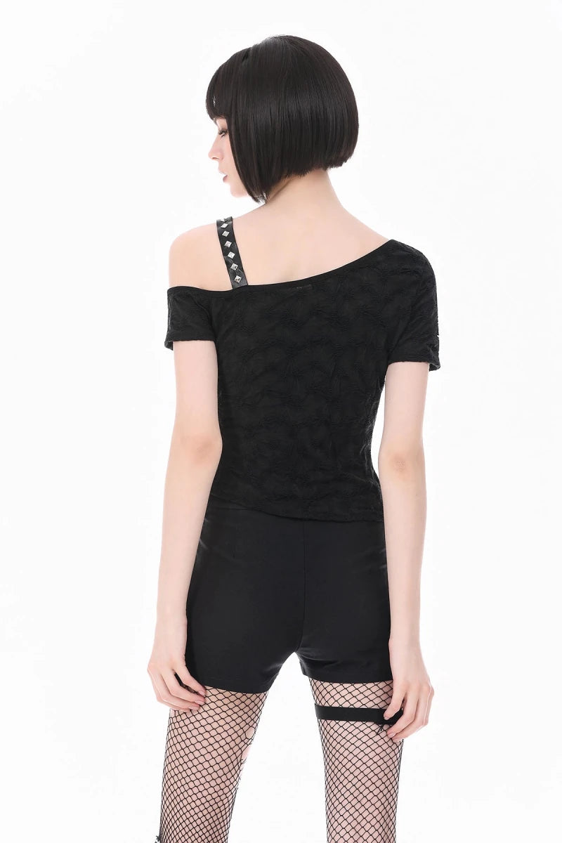 Camiseta Asimétrica con Cruz de Tachuelas y Hombro al Aire - Crazyinlove