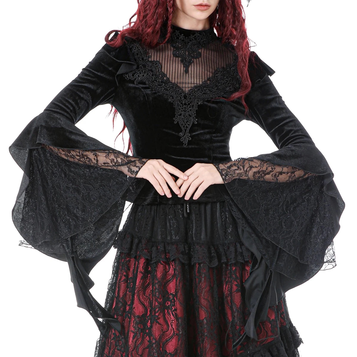 Camiseta de Terciopelo con Encaje y Mangas Bell - Crazyinlove