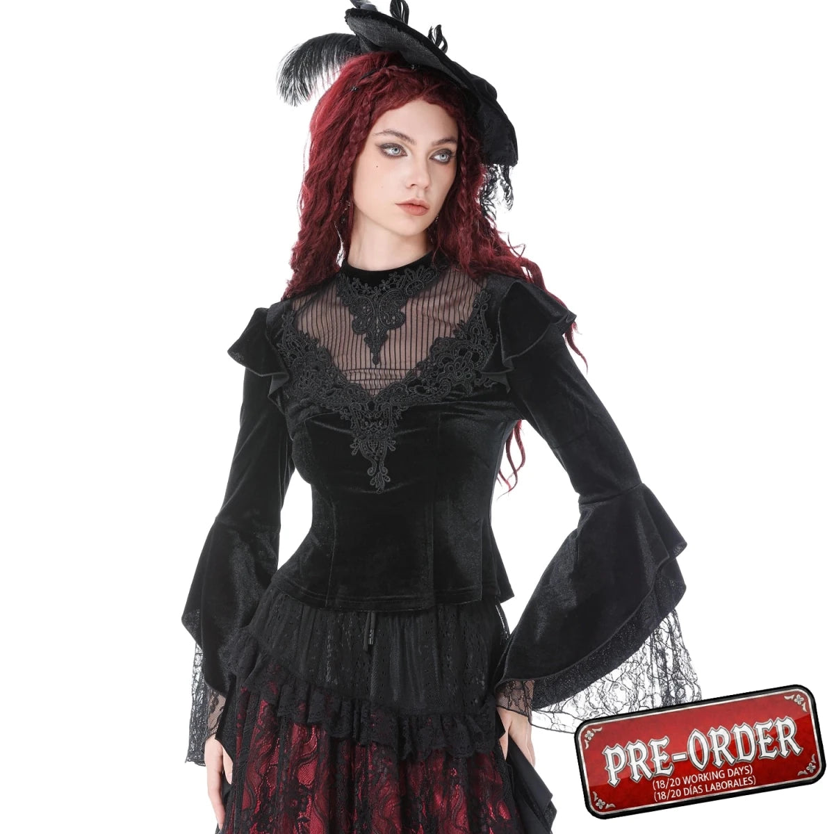 Camiseta de Terciopelo con Encaje y Mangas Bell - Crazyinlove