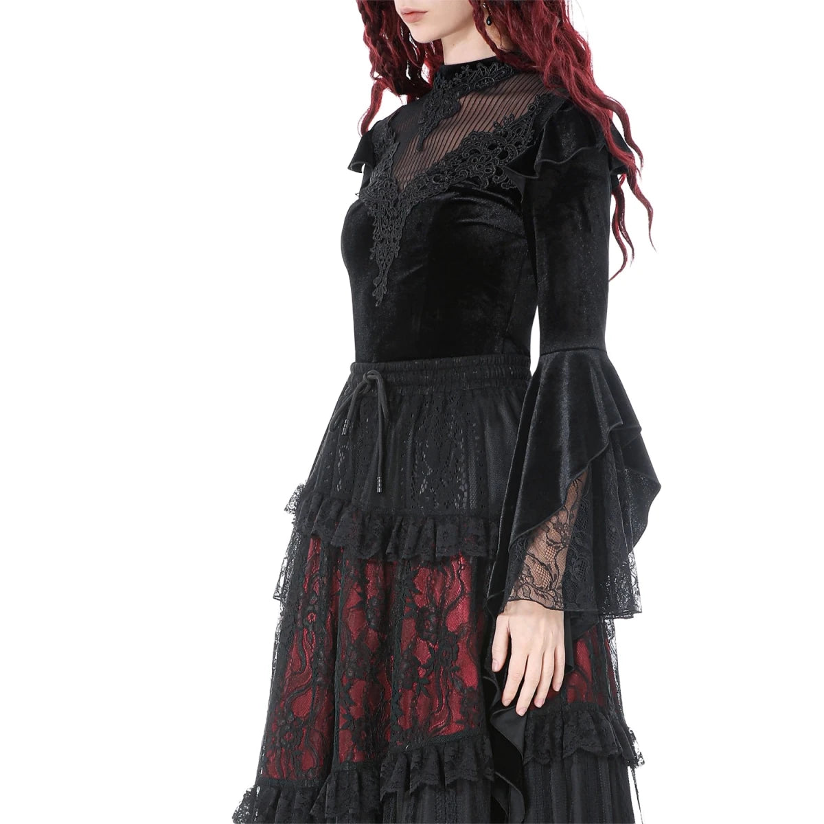 Camiseta de Terciopelo con Encaje y Mangas Bell - Crazyinlove