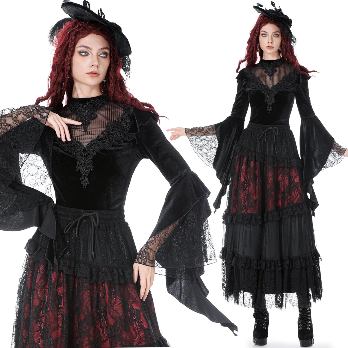 Camiseta de Terciopelo con Encaje y Mangas Bell - Crazyinlove