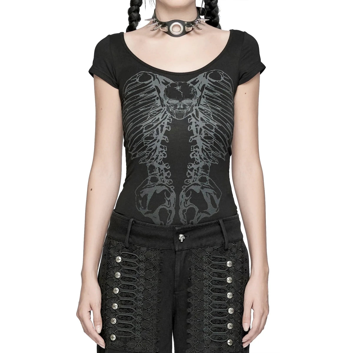 Camiseta Gótica de Esqueleto con Espalda de Anillas - Crazyinlove