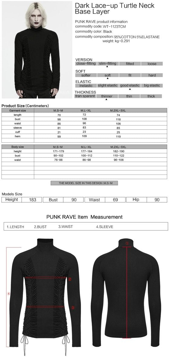 Ficha técnica y tabla de medidas de la camiseta de hombre de cuello alto con cordones WT-1123TCM