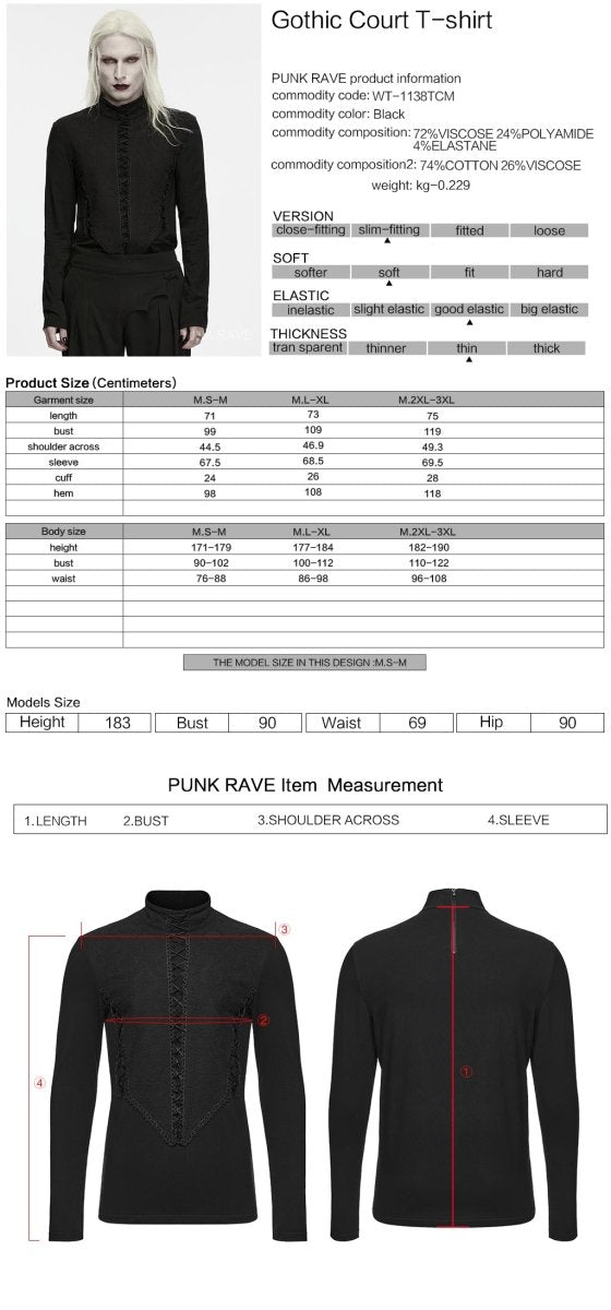 Ficha técnica y tabla de medidas de la camiseta gótica victoriana de hombre WT-1138TCM