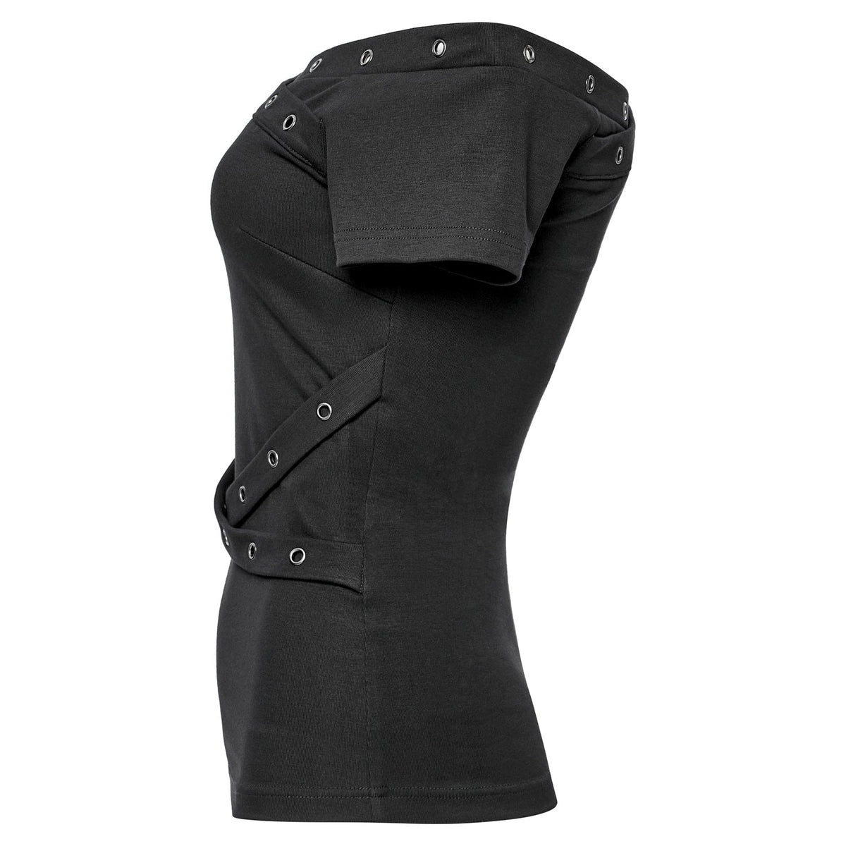 T-shirt Nera con Spalle Scoperte e Fasce con Occhielli Incrociate