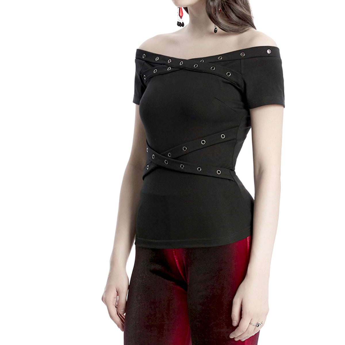 T-shirt Nera con Spalle Scoperte e Fasce con Occhielli Incrociate