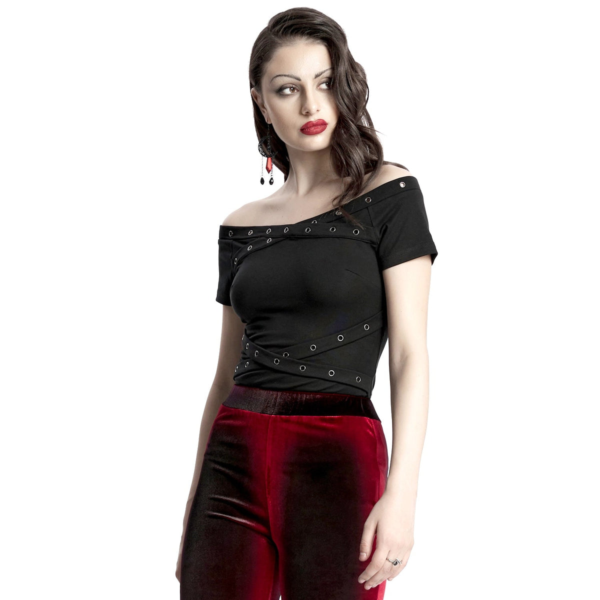 T-shirt Nera con Spalle Scoperte e Fasce con Occhielli Incrociate