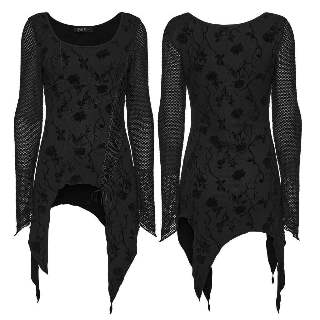 Camiseta Negra de Manga Larga con Estampado Floral y Mangas de Malla - Crazyinlove