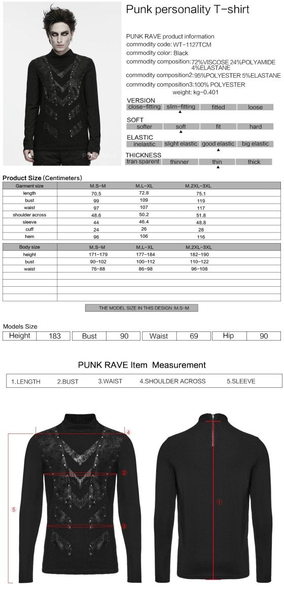Ficha técnica y tabla de medidas de la camiseta punk de hombre con paneles de armadura WT-1127TCM