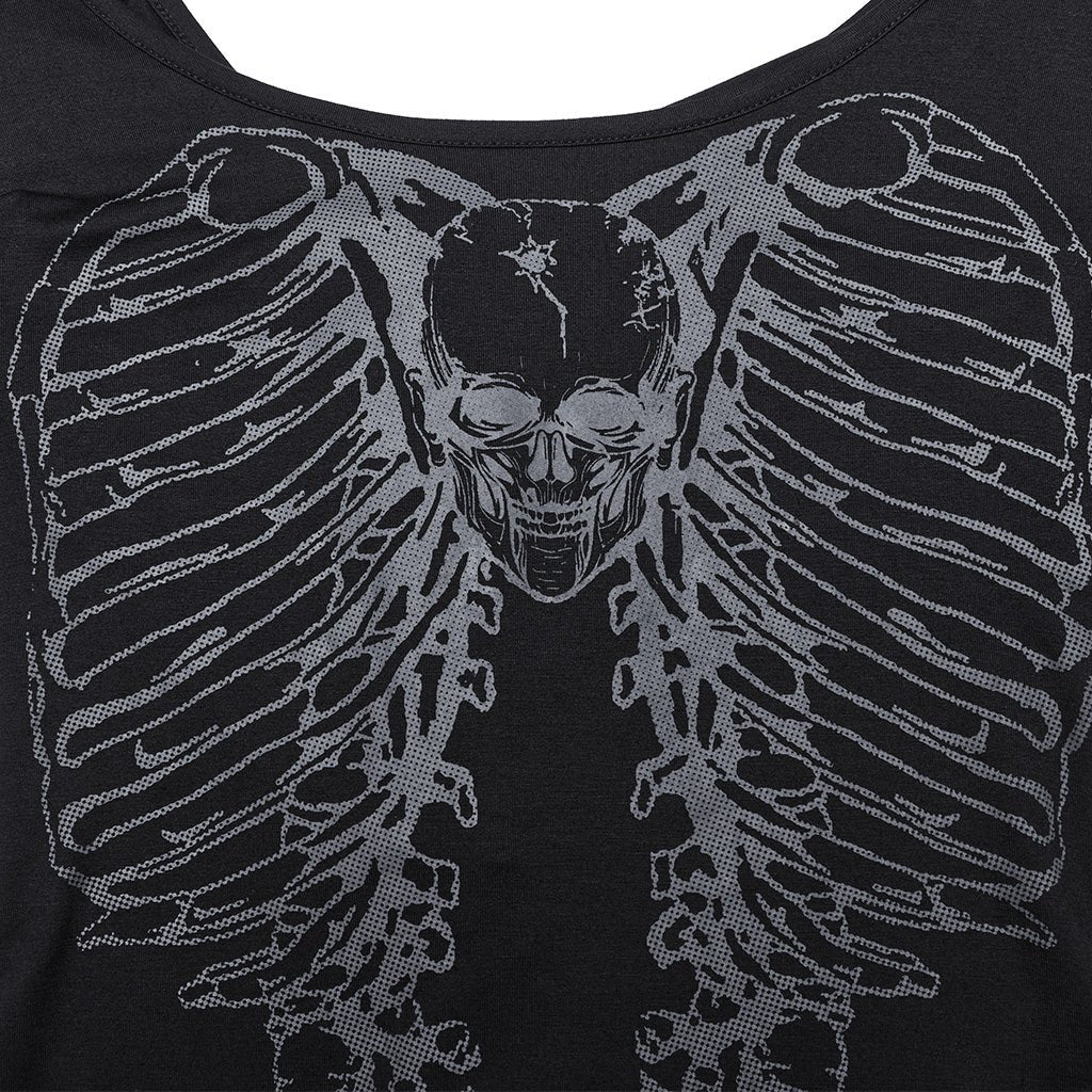 Detalle del estampado gris de caja torácica y calavera