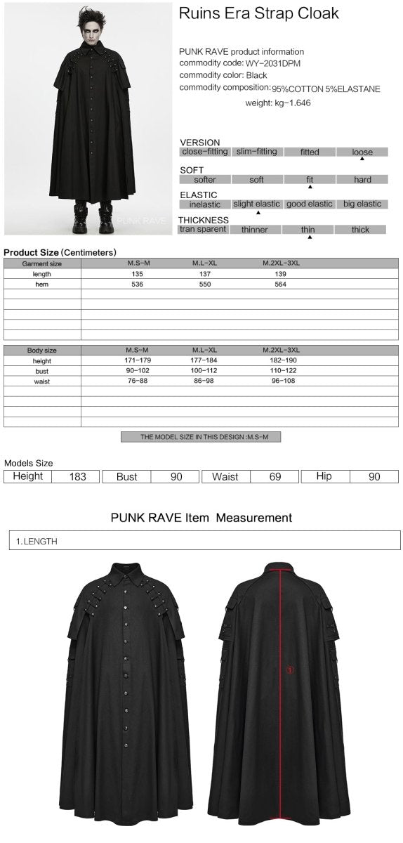 Ficha técnica y tabla de medidas de la capa larga de hombre en tallas S/M, L/XL y 2XL/3XL