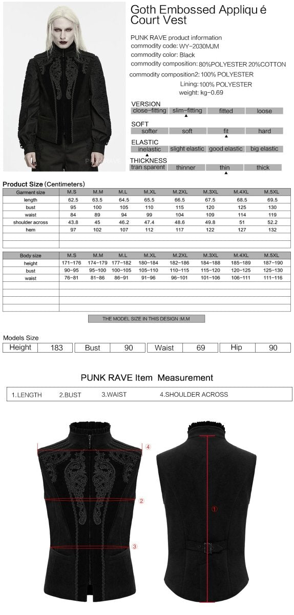 Ficha técnica y tabla de medidas de Chaleco Gótico Hombre Negro con Cuello Alto y Apliques Bordados