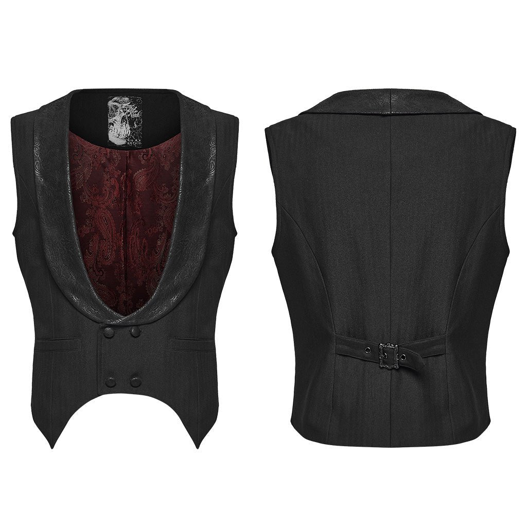 Chaleco negro con forro rojo paisley en plano, delantero y espalda con trabilla