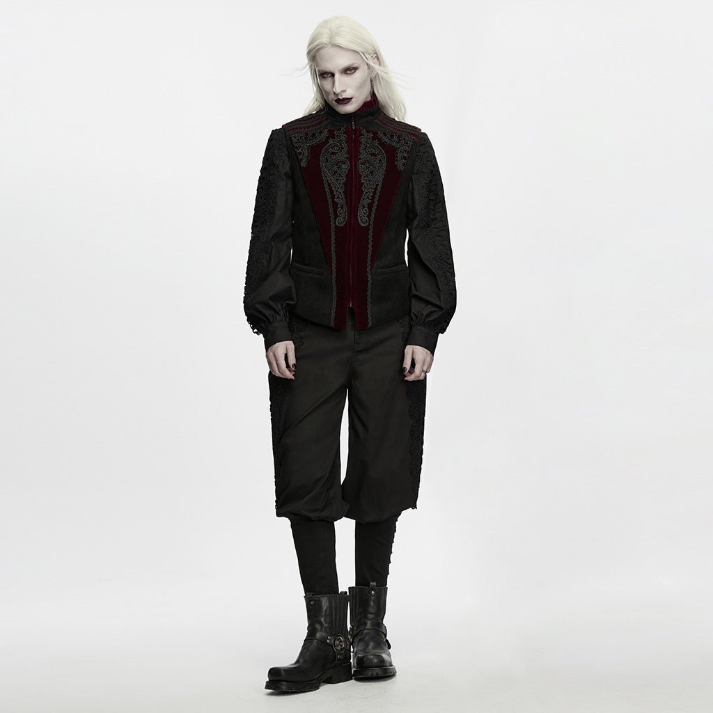 Modelo de cuerpo entero con el chaleco negro y rojo, bombacho y botas no incluidos