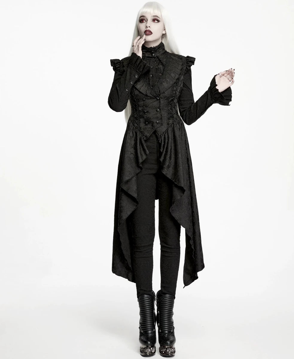 Chaleco Largo Gótico Negro de Jacquard con Cola Asimétrica - Crazyinlove