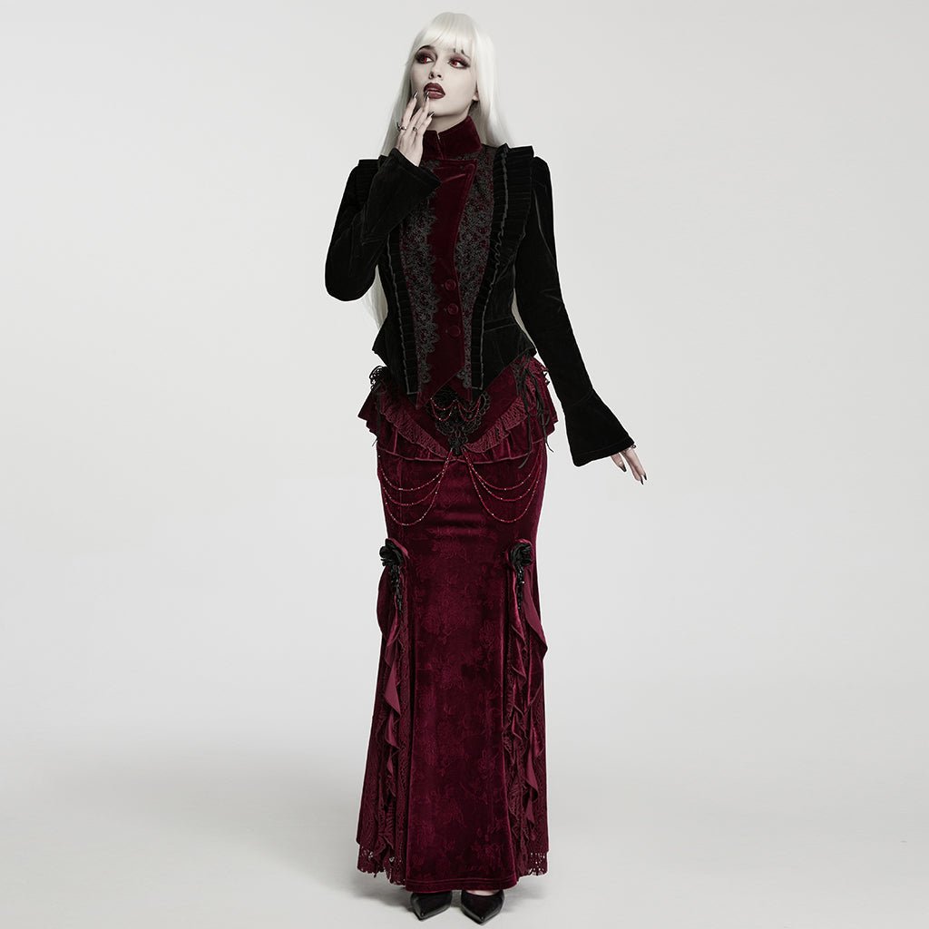 Chaqueta Corta Gótica de Terciopelo Negro y Burdeos con Mangas Acampanadas - Crazyinlove