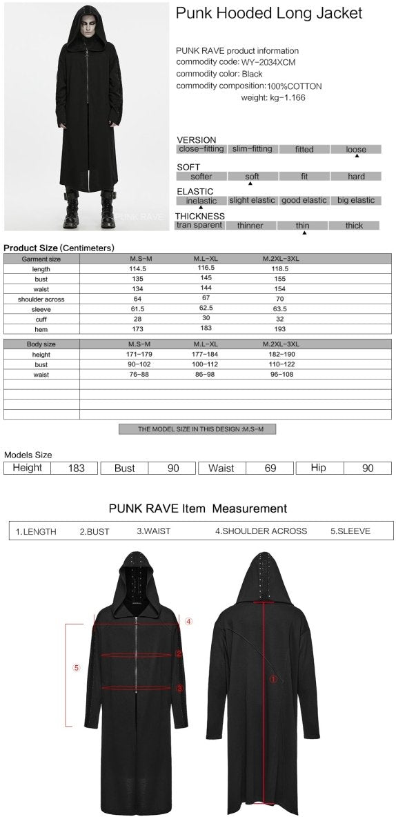 Ficha técnica y tabla de medidas de la chaqueta larga con capucha en tallas S/M, L/XL y 2XL/3XL