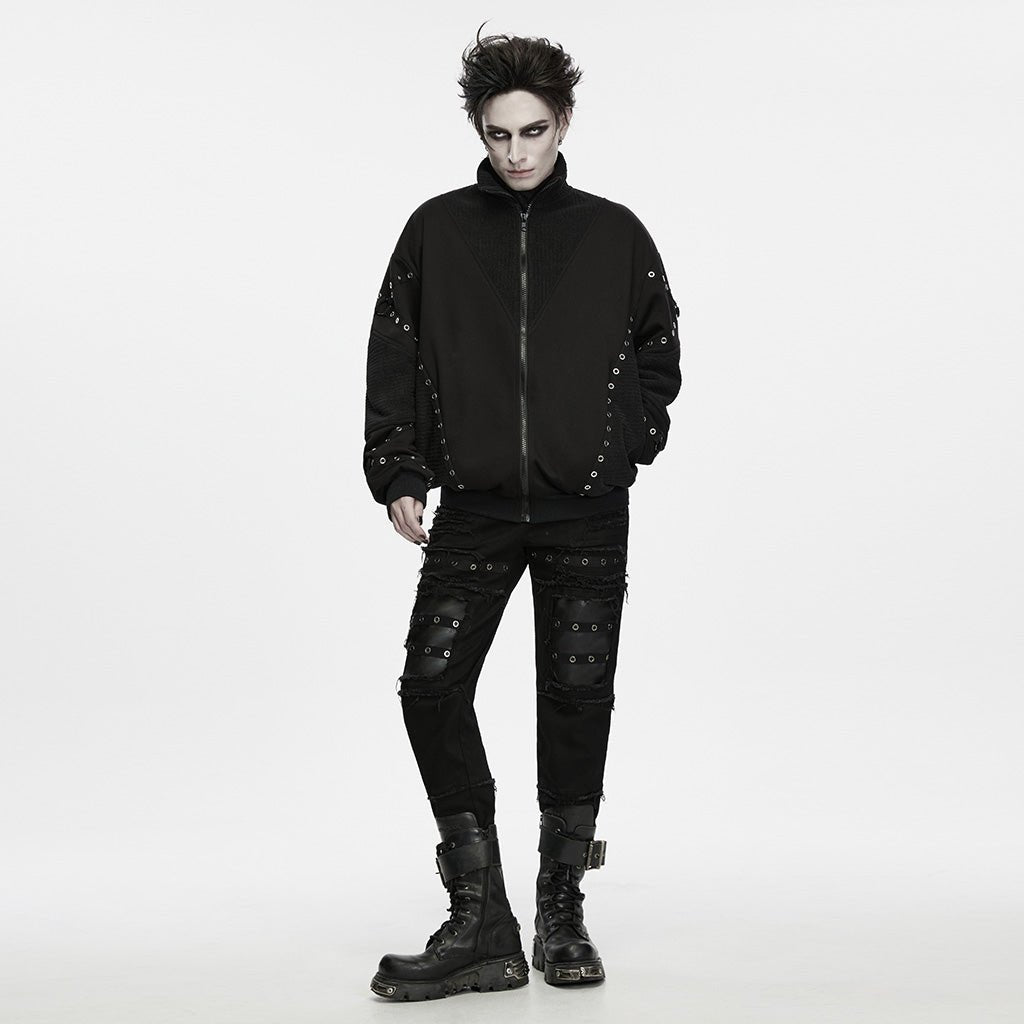 Chaqueta de punto negra de hombre, vista de cuerpo entero con pantalón negro y botas