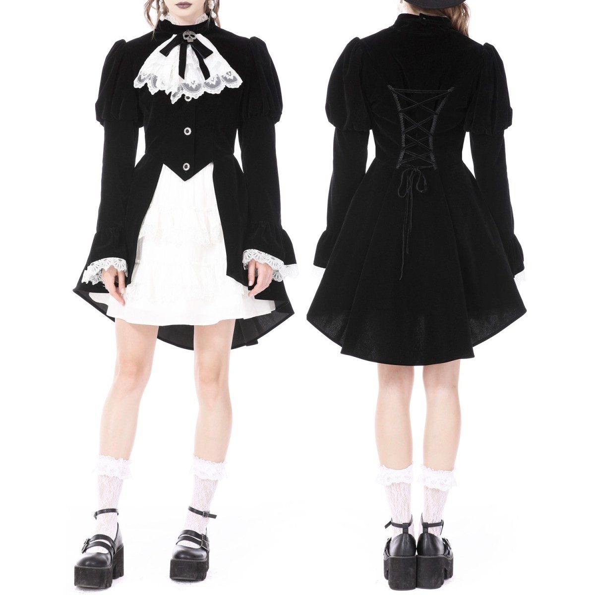 Chaqueta de terciopelo negro vista de frente y de espalda con faldón largo