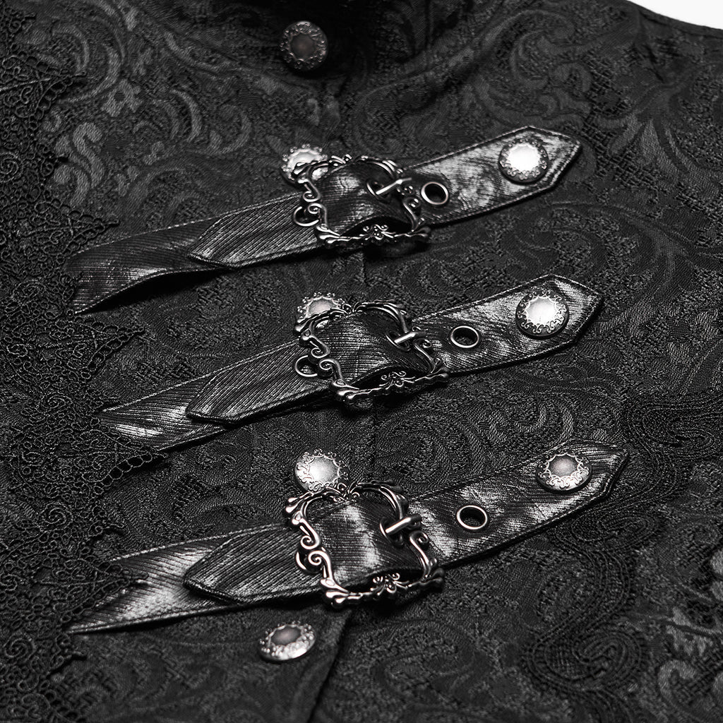 Chaqueta Gótica Negra de Brocado Asimétrica con Hebillas - Crazyinlove