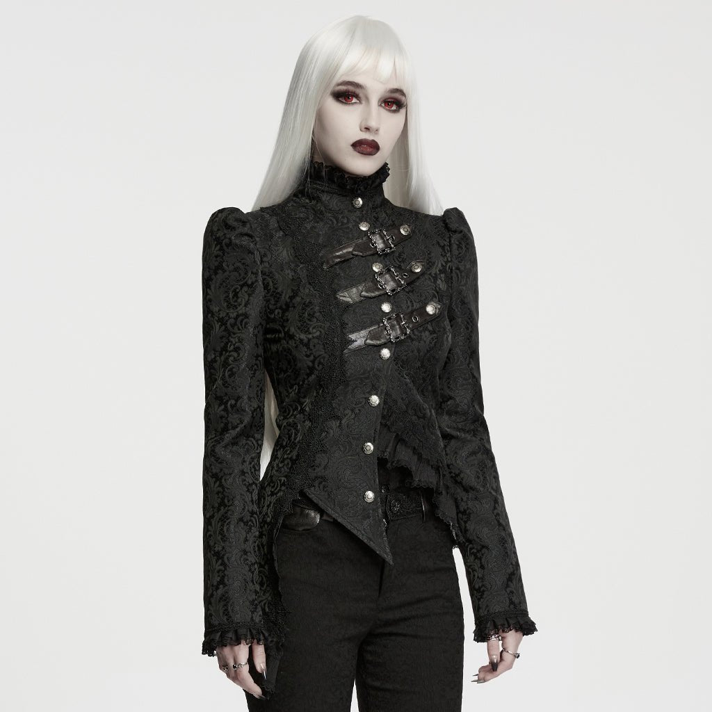 Chaqueta Gótica Negra de Brocado Asimétrica con Hebillas - Crazyinlove