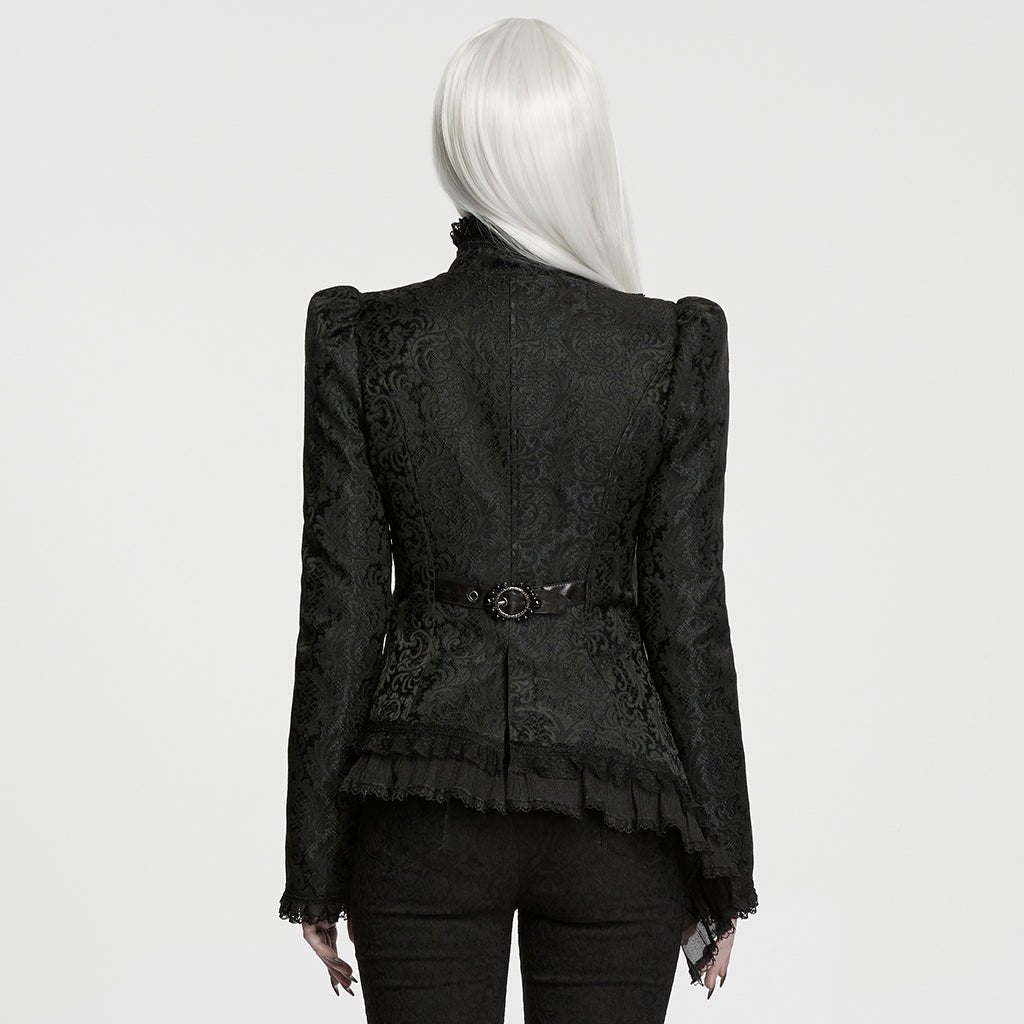 Chaqueta Gótica Negra de Brocado Asimétrica con Hebillas - Crazyinlove