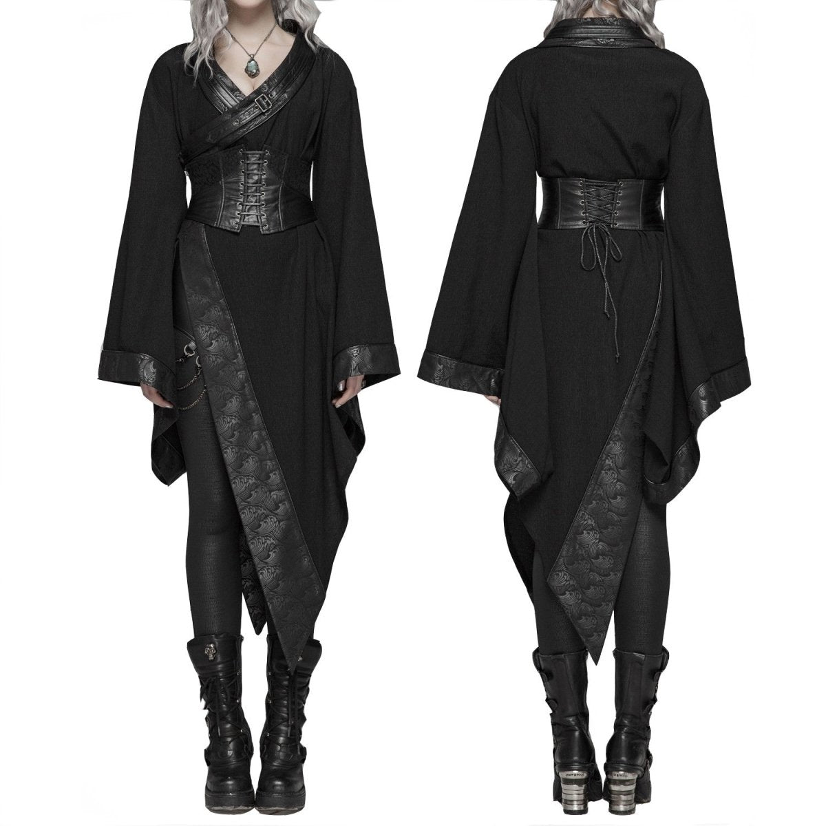 Chaqueta kimono gótica negra, vista frontal y trasera con el cinturón corsé