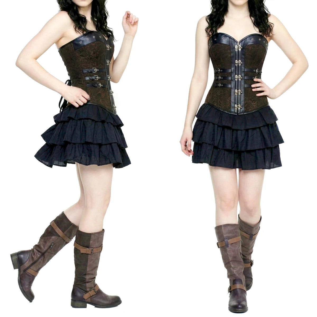 Corsé Brocado Marrón y Polipiel con Hebillas - Crazyinlove