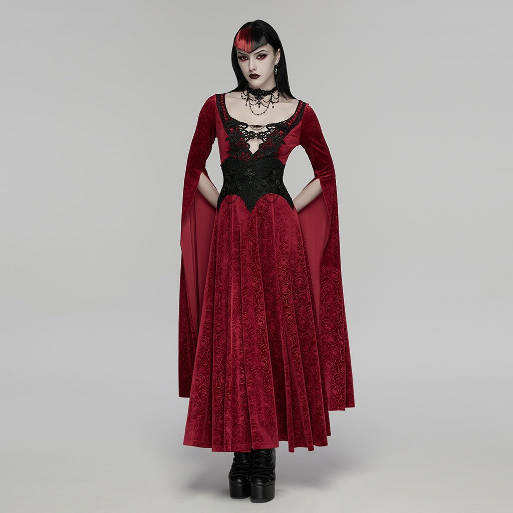 Modelo de cuerpo entero con el corsé negro sobre un vestido largo rojo no incluido